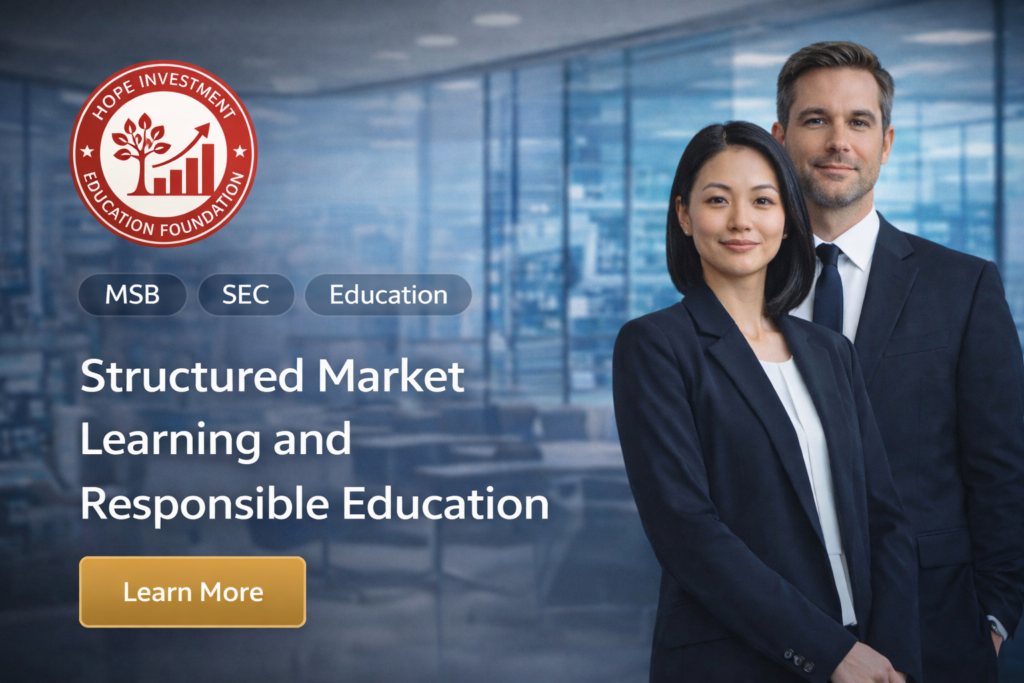 Hope Investment Education Foundation homepage image featuring professional team, corporate office background, and MSB SEC education keywords
